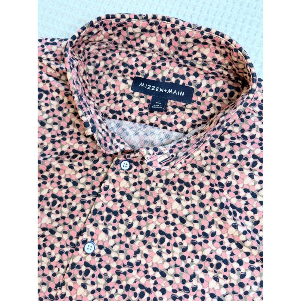 Mizzen + Main Button Down Shirt Mens L Pink Pebble Print Trim Short Sleeve